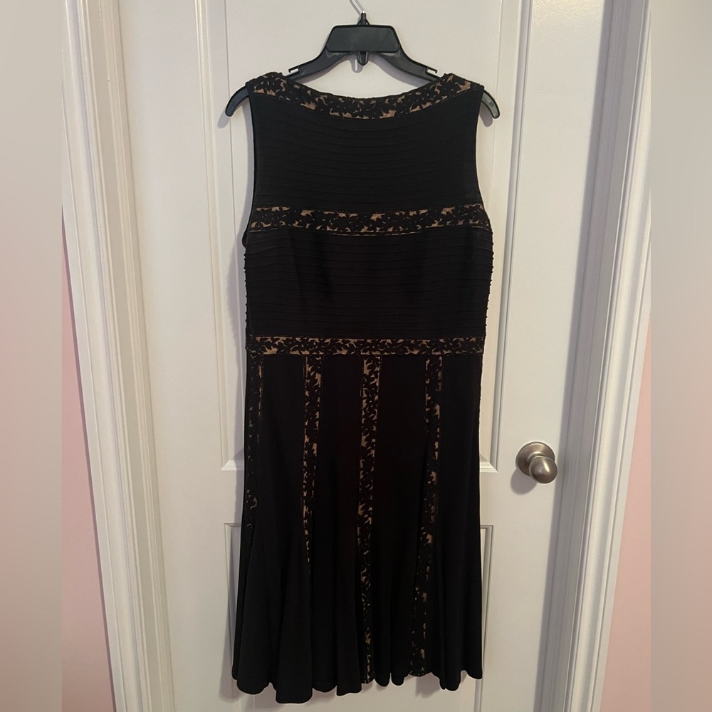 Tadashi Shoji black and nude underlay knee length dress